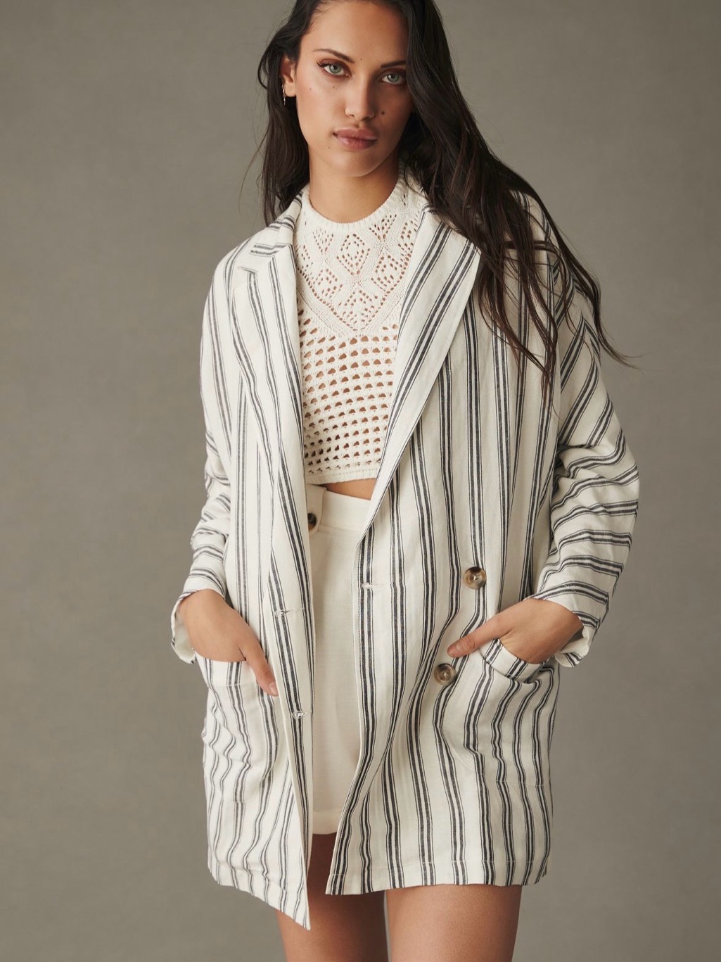 Anthropologie Pilcro Nwt Linen Blend Dolman Sleeve Blazer Jacket Ivory Stripe M
